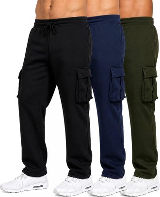 Blue Ice Mens Open Bottom Fleece Jogger Sweatpants with Velcro Cargo Pockets-3 Pack