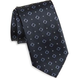 BOSS Geometric Pattern Silk Tie in Dark Blue at Nordstrom