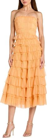 Mac Duggal Solid Mesh Micro Ruffle Strapless Midi Dress in Sherbet at Nordstrom, Size 10