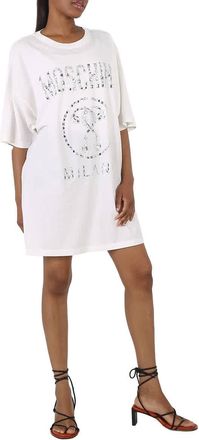 Moschino Ladies White Cotton Crystal Logo Shirt Dress