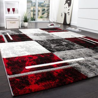 Paco Home Paco Home - Alfombra Moderna De Dise&ntilde;o Perfilado - A Cuadros En Gris Negro Rojo 160x230 Cm