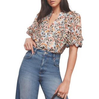 Mint Velvet Allover Floral Ruffle Blouse in Orange at Nordstrom, Size X-Large