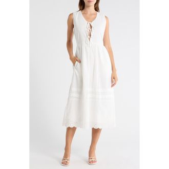 Lush Sleeveless Embroidered Eyelet Cotton Midi Dress in White at Nordstrom Rack, Size Medium