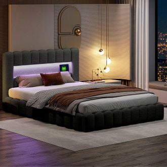 OEM Estructura De Cama Con Arc&oacute;n 140x200 Cm Gris De Lino Con Led Integrada Y Almacenamiento Hidr&aacute;ulico