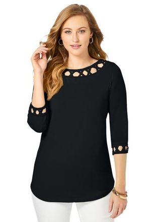 Jessica London Stretch Cotton Lattice Boatneck Tunic in Black at Nordstrom, Size Small