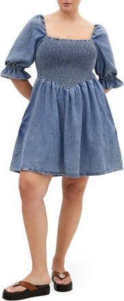 City Chic Kaitlyn Smocked Denim Minidress in Light Wash at Nordstrom, Size 22W