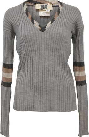 Jean Paul Gaultier Ribbed Knit V-Neck Sweater in Grey Wool