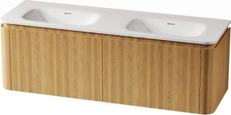 Royal Plaza Terra Badkamermeubelset - 140x46.2x46cm - solid surface wastafel wit mat - 2 wasbakken - zonder kraangaten - 4 lades - sandwood (licht eiken)