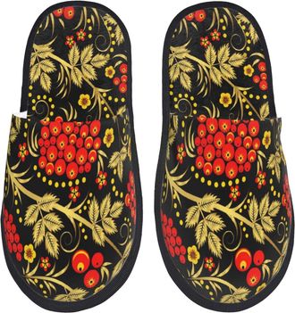 Generic Slipper Traditional Russian Khokhloma Cranberry Soft Slippers Lightweight Indoor Shoes For Bedroom Winter Ladies M