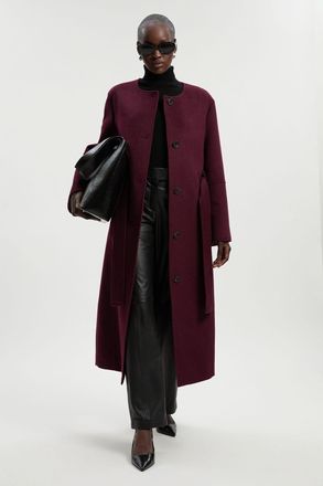 Karen Millen Womens Tall Brushed Wool Single Breasted Belted Tailored Maxi Coat - Burgundy - Size 10 UK