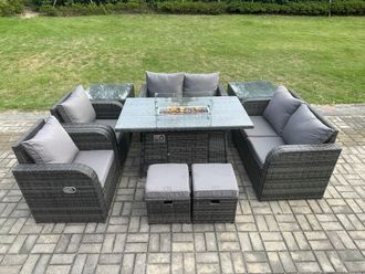 Fimous 8 Seater Rattan Garden Furniture Set Outdoor Propane Gas Fire Pit Table & Sofa Chair set with 2 Side Tables Footstools in Dark Grey