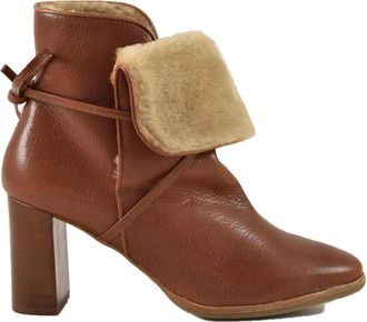 L'autre Chose Leren Enkellaarzen met Pluche Voering - Dames - Laarzen met Hak - Bruin - 41 EU - Leer - Schoenen
