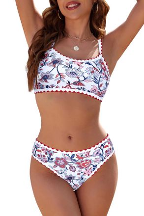 SHEKINI Women Floral Print Bikini Set Padded Tie Back Crop Top Mid Rise Swim Briefs Curvy Bathing Suits Swimsuit, Red-2, Medium