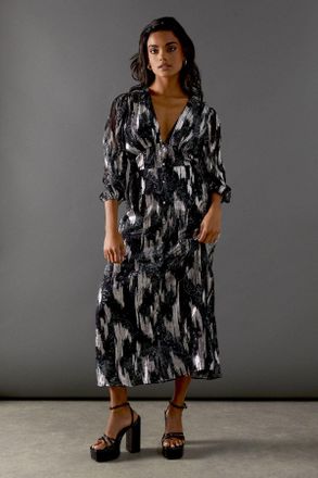 Warehouse Womens Metallic Paisley Jacquard Plunge Neck Button Through Midi Dress - Grey - Size 10 UK