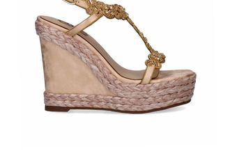 Ex&eacute; Womens Rhinestone T-Strap Espadrille Wedge Sandal In Champagne