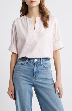 Frame Denim Stripe Split Neck Organic Cotton Popover Top in Azalea Multi at Nordstrom Rack, Size X-Large