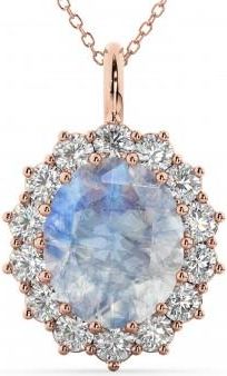Allurez Oval Moonstone & Diamond Halo Pendant Necklace 14k Rose Gold (6.40ct)