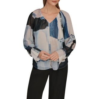 DKNY Long Sleeve Drape Top in Washed Indigo/Cream at Nordstrom, Size X-Small