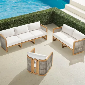 Frontgate Sorano 3-pc. Sofa Set in Natural Teak - Standard, Boucle Snow - Frontgate