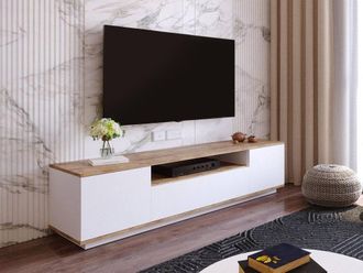 Vente-Unique TV Unit With 3 Doors & 1 Compartment - White & Natural - LOTULA in Light Oak