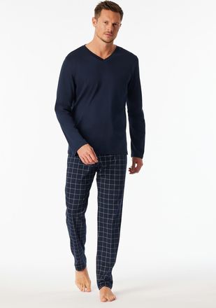 Schiesser Pyjama SCHIESSER Fine Interlock, Herren, Gr. 50, blau (804, blau), Interlock, Obermaterial: 100% Baumwolle, bequem lang, V-Ausschnitt, Homewear-Sets P