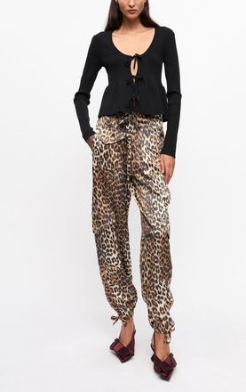 Ganni Mixed Leopard Printed Satin Trousers - Size 32 Viscose