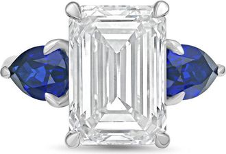 Diana M. Jewels Platinum lab grown 12ct emerald diamond ring with sapphire pears on the sides