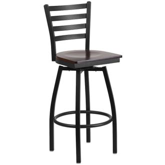 Flash Furniture Black Ladder Back Swivel Metal Barstool - Walnut Wood Seat