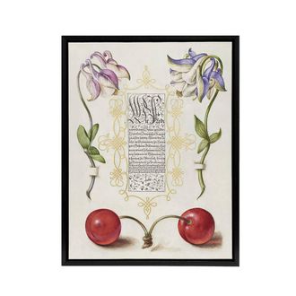 Artery8 Columbines & Sweet Cherries Calligraphy Framed Canvas Wall Art Print in White | Size: W24 x H32