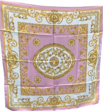 Versace Baroque-Inspired Silk Scarf In Pink, White, And Gold