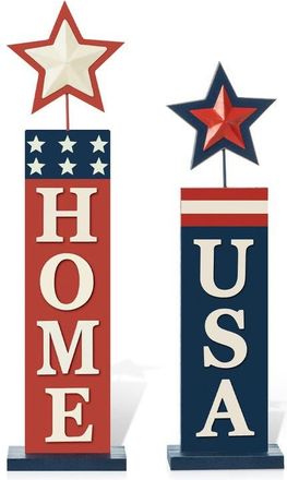 Glitzhome Set of 2 Wooden Patriotic Americana Firecracker Table Sign in Blue at Nordstrom, Size Small