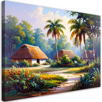 Feeby Cuadro Sobre Lienzo Casitas Rurales En La Selva Palmeras Bosque 100x70