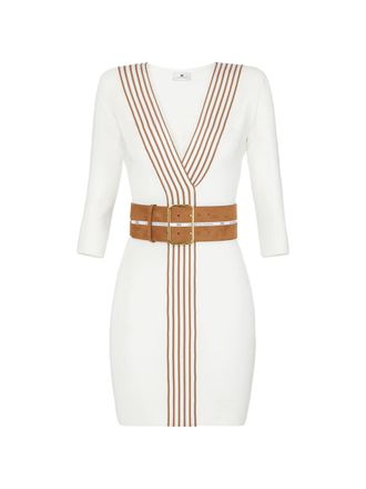 Elisabetta Franchi Fitted White Brown Stripe Belted Dress