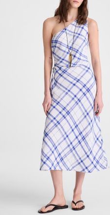 Madewell Ruched One-Shoulder Linen Midi Dress in Oversized Blue White Plaid at Nordstrom, Size 14