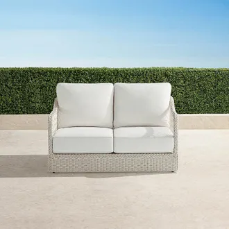 Frontgate Savannah Loveseat with Cushions in Ivory Wicker - Standard, Snow with Logic Bone Piping - Frontgate