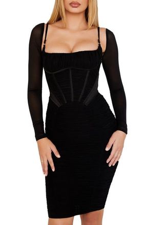 House of CB Freyja Satin Ruched Long Sleeve Body-Con Dress in Black at Nordstrom, Size X-Small D