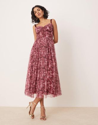 Lace & Beads corset tulle midaxi dress in blush floral-pink