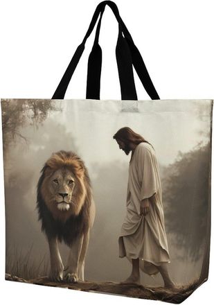 Generic Man And Lion Reusable Shopping Bags One Shoulder Grocery Tote Bag Waterproof Big Purse for Work Travel