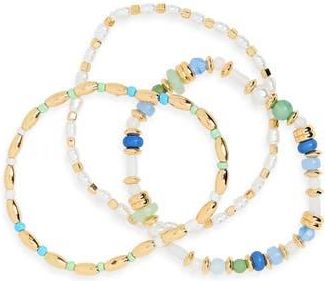 Nordstrom Rack Set of 3 Stretchy Beaded Bracelets in Blue- Green- Gold at Nordstrom Rack