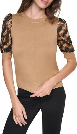 DKNY Print Twist Sleeve Mixed Media Sweater in Truffle at Nordstrom, Size X-Small