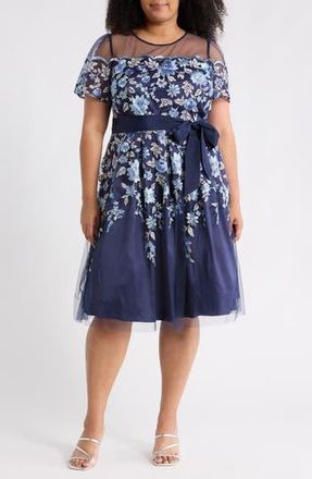 Eliza J Floral Embroidered Illusion Short Sleeve Cocktail Dress in Navy at Nordstrom Rack, Size 14W