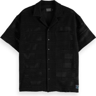 Scotch & Soda Relaxed Fit Open Knit Short Sleeve Button-Up Shirt in Washed Black at Nordstrom Rack, Size Xx-Large