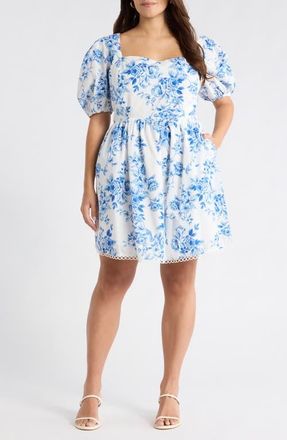 Sugarlips Juba Kaly Floral Puff Sleeve Cotton Minidress in White Blue at Nordstrom, Size 1 X