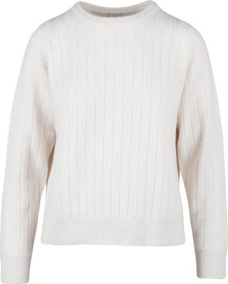 Eleventy White Wool-Blend Ribbed Crewneck Sweater