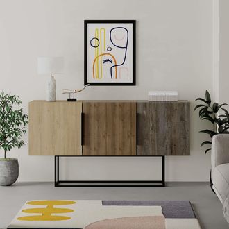 Decortie 3-Doors Sideboard Tontini Metal Handle, Metal Leg Storage Cabinet 150cm in Brown | Size: 2 Pack