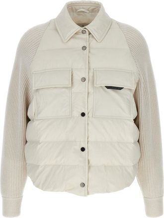 Brunello Cucinelli Shiny Flap Detail Puffer Jackets Bianco-Donna