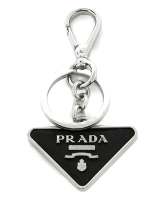 Prada triangle-logo leather keyring - Black