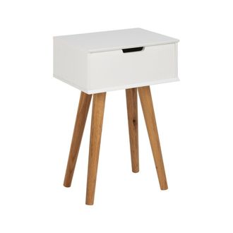 ebuy24 Mesita de noche mike con 1 caj&oacute;n en color blanco y patas en