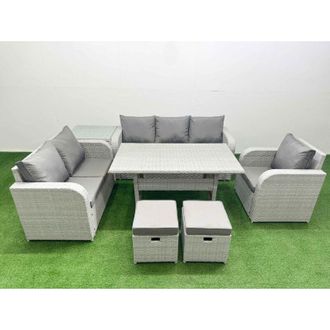 Fimous Patio pe Wicker 8 Seater Outdoor Rattan Furniture Sofa Sets with Rectangular Dining Table Reclining Chair Loveseat Sofa 3 Seater Sofa Stool 2 Side