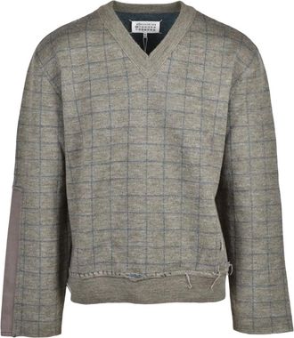 Maison Margiela Truien & Vesten, Heren, Groen, M, Wol, Pullover met V-hals en Patchwork